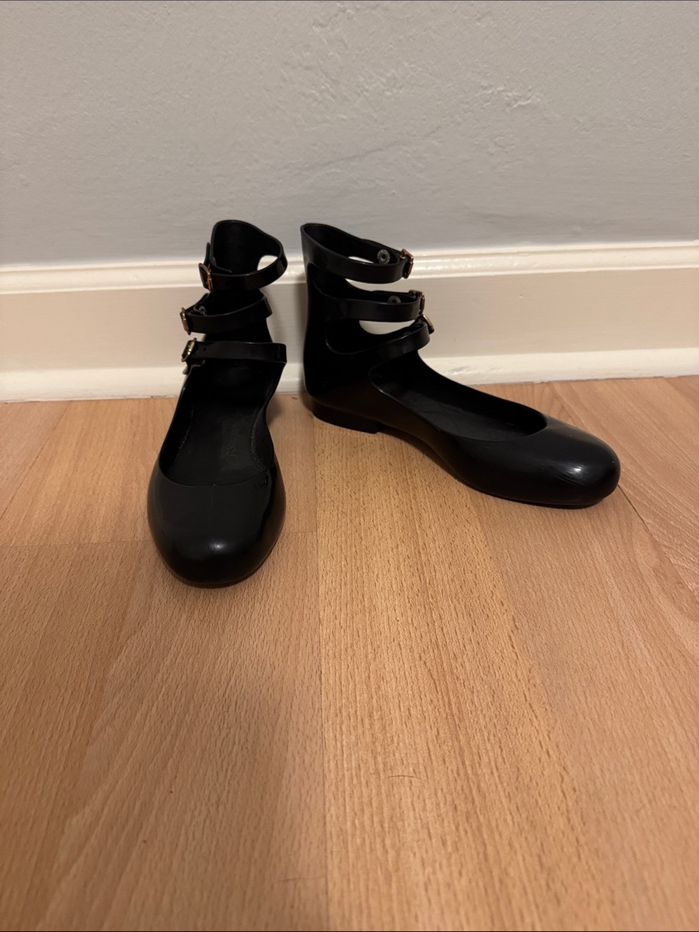 Melissa Black Triple-Strap Ankle Ballet Flats